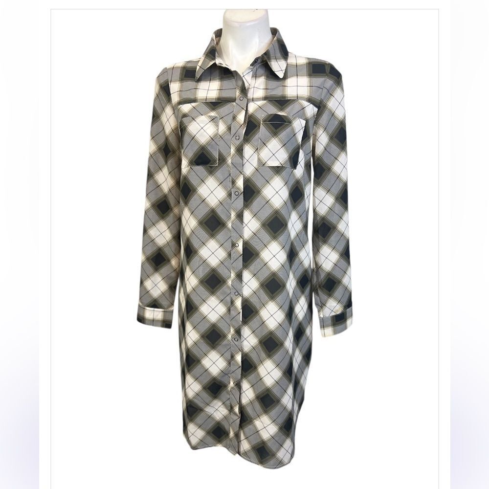 Prana Maxi Shirt Size S olive‎ green Womens Nautical Plaid Snap Front western -8 - Picture 3 of 7